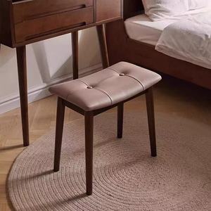 Solid Wood Makeup <b>Stool</b> With Leather Seat Home Dressing <b>Table</b> Chair Bedroom Living Room <b>Stool</b> For Adults <b>And</b> Elderly - Product Image 1