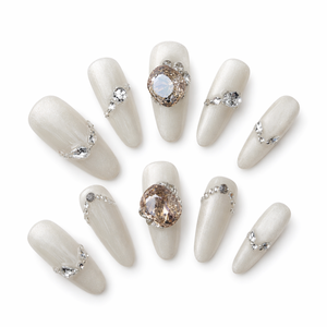 Faux ongles à presser blancs pailletés avec strass et perles, forme amande, prêts à poser, kit professionnel - Product Image 2