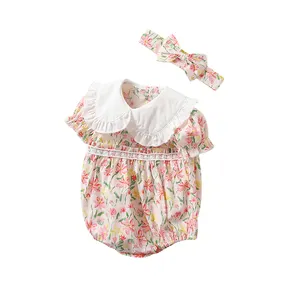 夏季粉色花朵图案婴儿领Rompe婴儿适合女孩下一个Rompers衣服0-3个月女孩