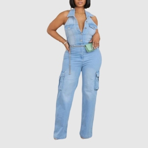 Combinaison décontractée sans manches en jean délavé coupe slim et jambe droite pour femme – Nouvelle collection en gros - Product Image 1