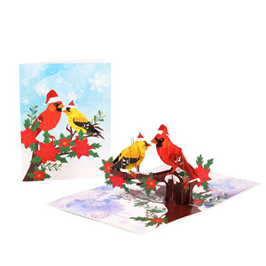 Christmas Birds Pop Card <b>Handmade</b> 3D <b>Paper</b> Greeting Card Cardinals Poinsettia Holiday Pop Cards Customized Design - Product Image 1