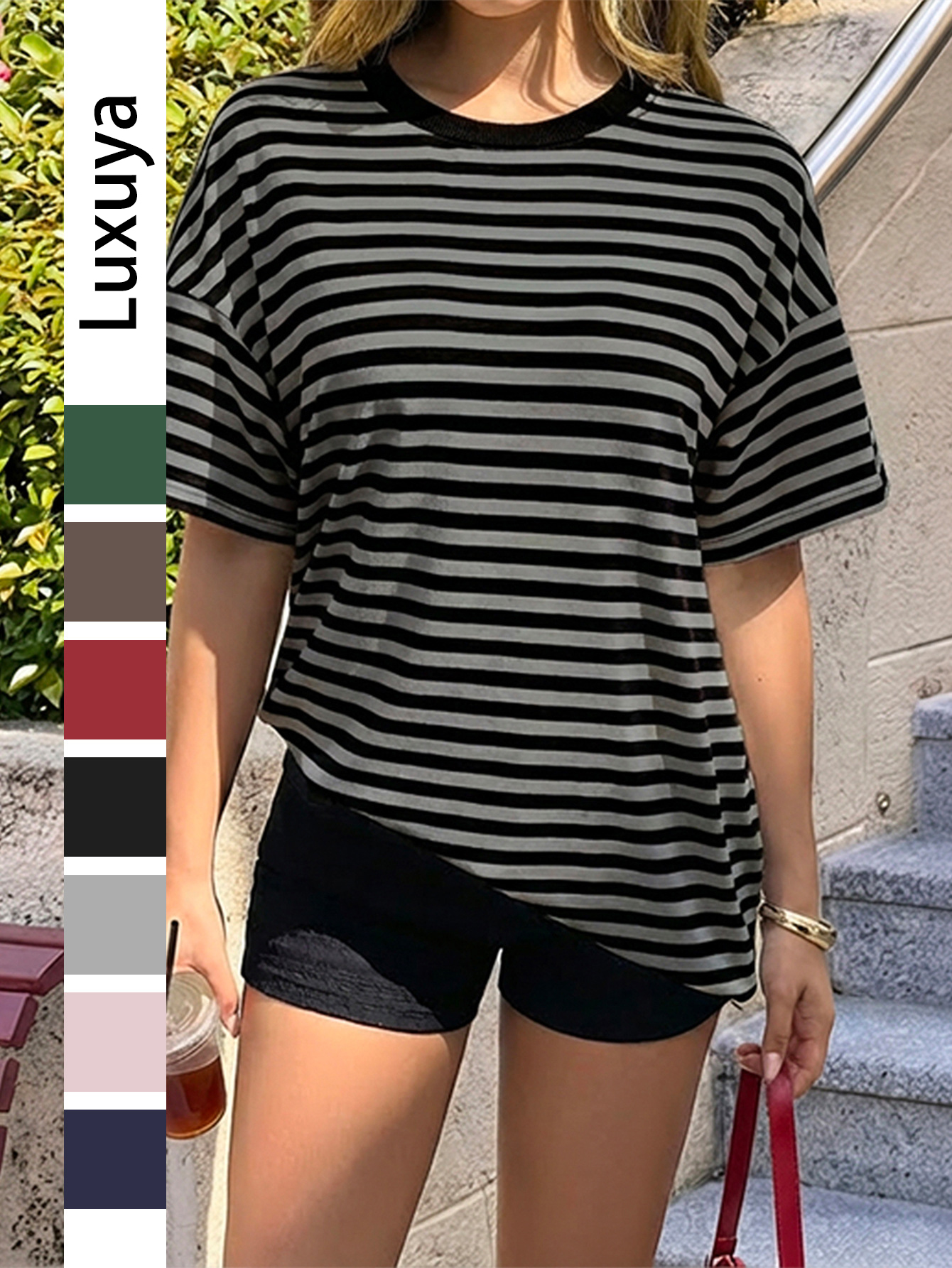 Women's Striped Short Sleeve T-Shirt Crew Neck Loose Fit Casual Basic Tee For Daily Streetwear & Summer Wear