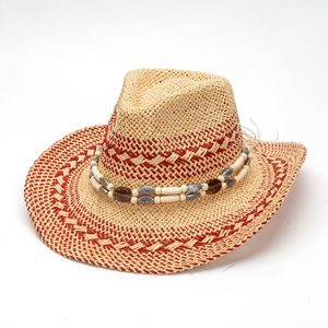 Chapeau de paille tressé à la main bicolore style bohème à large bord roulé pour unisexe, chapeau ethnique en corde de jazz, idéal pour l'été, les voyages en extérieur et la protection solaire - Product Image 1