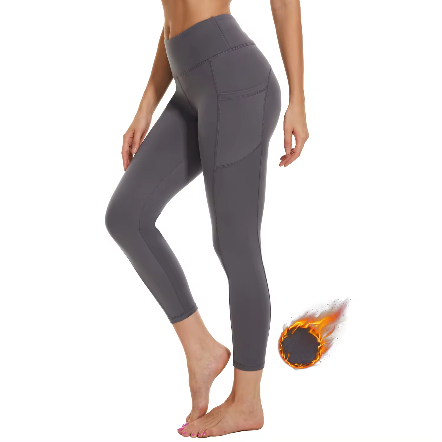 Wholesale Women Warm Pants for Winter Skinny Custom Logo Seamed Leggings With Pockets Solid High Waisted  Fleece Tight Elastic