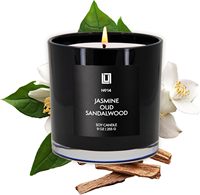 Vela Aromática de Lujo Hecha a Mano en Frasco de Vidrio con Cera de Soya, Aroma a Jazmín, Oud y Madera de Sándalo, Natural, Altamente Perfumada, de Larga Duración, Diseño Moderno, 9 Oz