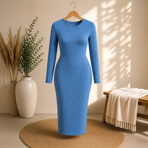 Robe de yoga sans couture en spandex bleu, manches longues, robe moulante de fitness pour la pratique en studio - Product Image 1