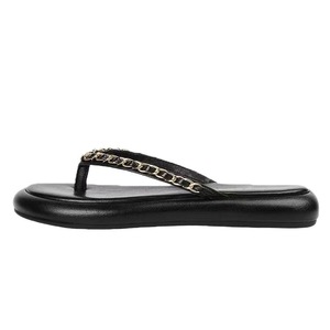 Sandalias Planas de Cuero Genuino Negro con Decoración de Cadena, Punta Abierta, Estilo Slip-On, Zapatos de Verano para Mujer - Product Image 1