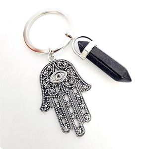 Mode cristal colonne hexagonale pierre brute Fatima palmier agate mauvais œil porte-clés mauvais œil charme Hamsa main pendentif autre porte-clés - Product Image 5