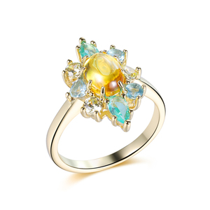 Anillo Kirin de <span class=keywords><strong>Plata</strong></span> 925 Chapado en Oro de 14K con Piedras de Circonita Cúbica <span class=keywords><strong>Amarilla</strong></span> en Forma de Racimo Floral, Anillos de <span class=keywords><strong>Plata</strong></span> 925 de Lujo Resistentes al Agua - Product Image 1