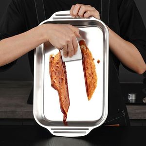 Stainless Steel <b>Grilled</b> Fish Plate Deep Rectangular With Lid Double Handles For Home Seafood Cooking - Product Image 3
