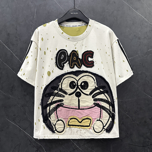 Camiseta de gato <span class=keywords><strong>robot</strong></span> de dibujos animados para mujer, diseño rasgado, manga corta, camiseta versátil informal holgada a la moda - Product Image 2