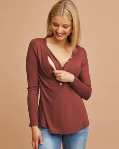 suave rayón costilla cuello V manga larga de enfermería para <span class=keywords><strong>maternidad</strong></span> lactancia materna Henley superior para posparto madre - Product Image 2