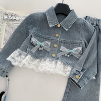 Ensemble de vêtements en jean pour filles tendance, veste courte à dentelle et pantalon évasé, tenue 2 pièces, nœud perlé, costume en jean Conjunto