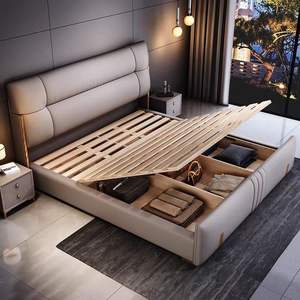 2025 नवीनतम राजा आकार के डबल असलवाले बिस्तर फ्रेम चमड़े के बेडरूम सेट डिजाइन रानी आकार लकड़ी के बॉक्स-होल्डर्ड चमड़े के बिस्तर - Product Image 2