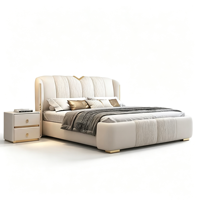 Luxuriöses Plissiertes Echtleder-Doppelbett mit Goldenem Metallfuß, Weich Gepolstert, Massivholzrahmen, Hauptschlafzimmerbett