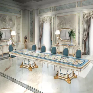 豪华意大利餐桌套装餐桌家具金箔木质结构织物室内装潢白色餐厅彩绘套装