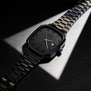 Montre pour homme SABR carrée avec affichage de la date, mouvement à quartz, bracelet en acier inoxydable noir, résistante à l'eau, chiffres arabes - Product Image 2