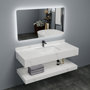 Mueble de Baño Moderno de Pared con Aspecto de Mármol Blanco, Personalizado al por Mayor, con Doble Estante de <span class=keywords><strong>Piedra</strong></span> y Espejo LED para Hotel - Product Image 1