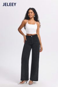 Vaqueros negros holgados y cómodos con pierna ancha, corte recto y grandes pedrerías con estampado llamativo para un look relajado - Product Image 3