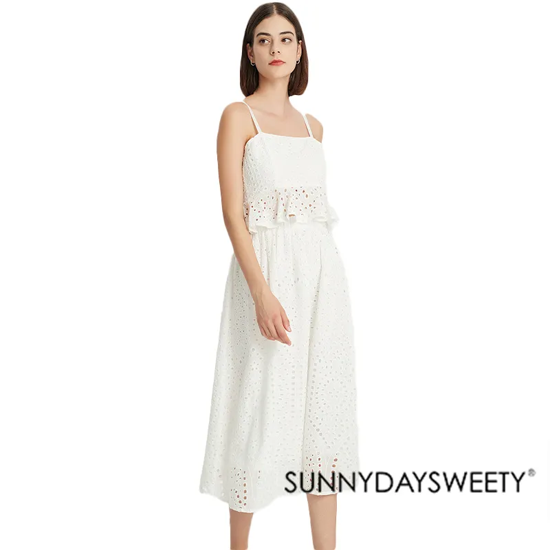 Design High End Summer Chic Dress White Cotton Hollow Suspender Top + Skirt Suit