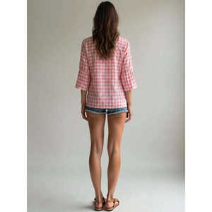 เสื้อลายตาหมากรุกผ้าฝ้ายผู้หญิงทรงกระดิ่งแขนกระดิ่งเสื้อท่อนบนผ้าคอตตอน100% น้ำหนักเบาเสื้อผ้าแฟชั่นเป็นมิตรกับสิ่งแวดล้อม - Product Image 4