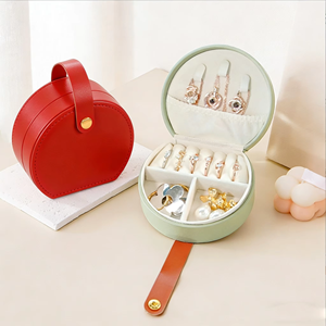 Semicircle Travel Jewelry Box with Handle Portable PU Leather Jewelry Organizer Case with Dividers for Earrings <b>Rings</b> Necklaces - Product Image 5