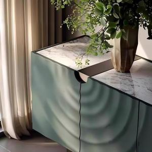 Buffet moderne à texture ondulée verte avec éclairage LED, armoire de rangement avec plateau en marbre pour salle à manger et salon - Product Image 3