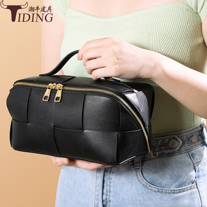 Tiding Genuine Leather Woven Cosmetic Bag Large Capacity Black Soft Handle <b>Makeup</b> Storage <b>Case</b> For Women - Product Image 1