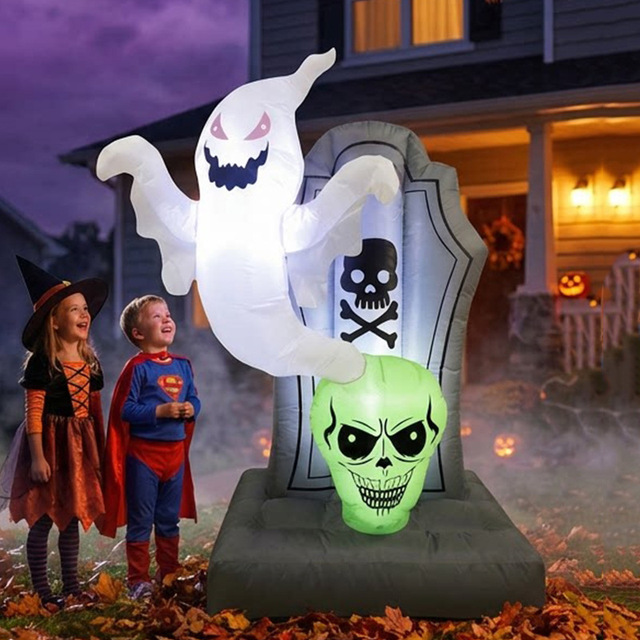 1.5m Halloween Inflatable Combo with Ghost, Tombstone, Green Monster & Skeleton, Built-in LED Lights Waterproof Lawn Decor