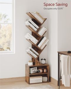 <b>6</b> Tier Wood Tree Bookshelf 2 <b>Drawers</b> Space-Saving Floor Standing Tall Narrow Modern Design for Bedroom/Living Room/Office - Product Image 3