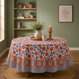 Nappe ronde en coton à motifs floraux vintage, faite à la main, pour dîner, fête ou mariage - Product Image 2