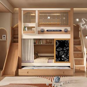JS FURNITURE Nuevo Diseño de Cama Infantil <span class=keywords><strong>con</strong></span> Diseño Espacial, Literas <span class=keywords><strong>con</strong></span> Tobogán y Pizarra, Juego de Cama Infantil de Madera <span class=keywords><strong>con</strong></span> Almacenamiento - Product Image 1