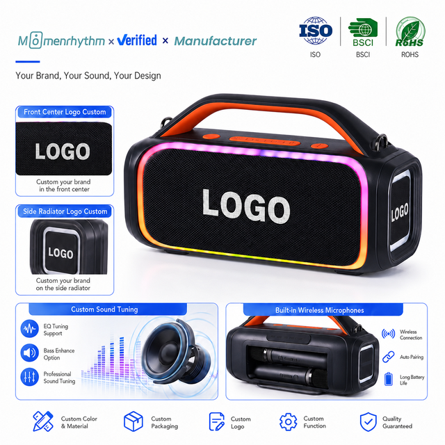 Two Mics Dj Speakers Karaoke OEM Badge Sound System Classic Black Finish Low Distortion Output for Office Gift Supply Pack