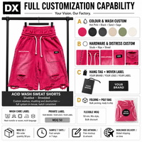 Shorts de survêtement personnalisés rose vif délavé à l'acide avec coutures latérales cloutées, déchirures effilées, taille double smockée, 320 g/m², style Y2K Streetwear OEM ODM