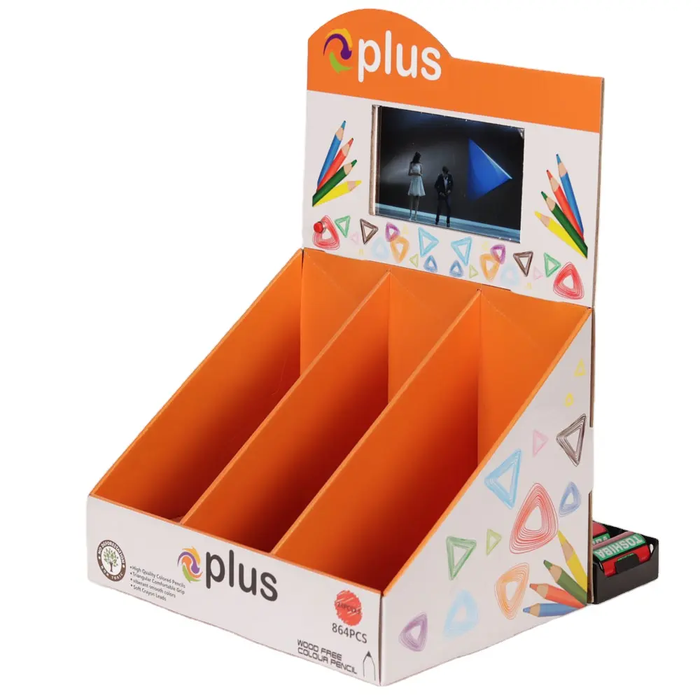 Shop Pop Pappe Arbeits platte Schreibwaren Serie Buntstifte Display Rack kleine PDQ Papiers tift Display Box mit LCD-Bildschirm