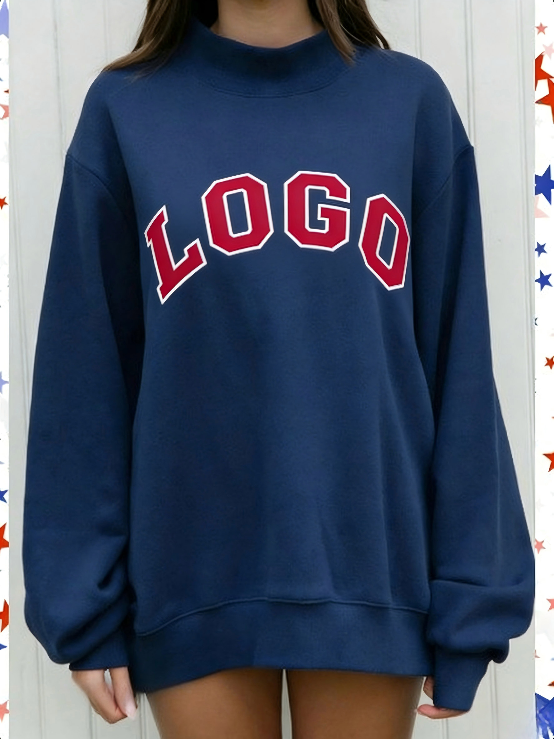 Navy blue with red text
