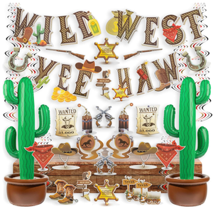 Guirlandes, drapeaux, spirales en feuille métallisée, centres de table, décorations, nappes pour fête d'anniversaire sur le thème du Far West, avec <span class=keywords><strong>cactus</strong></span> - Product Image 1