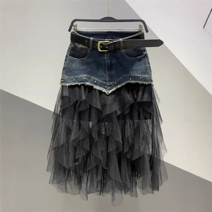 2026 New Fashionable Mesh Splicing Nail Bead Cowboy <b>Long</b> <b>Skirt</b> Versatile and Slimming A-line Half Body <b>Skirt</b> - Product Image 3