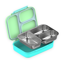 Boîte à lunch portable avec poignée pour enfants, 3 compartiments, intérieur en acier inoxydable 304, coque extérieure en PP, joint en silicone
