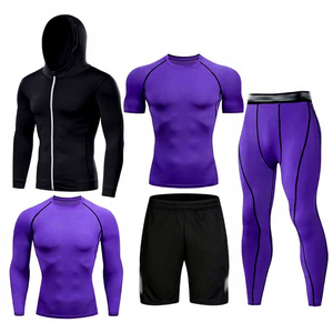 SONISPO SPORTS FITNESS Ensemble de compression unisexe pour l'entraînement, violet et noir, séchage rapide, respirant, sans couture, short long et manches longues - Product Image 1