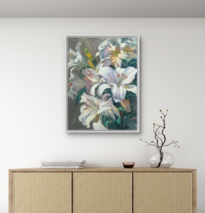 Peinture à l'huile originale peinte à la main, Lys Blanc, Impressionniste, Art floral sur <span class=keywords><strong>toile</strong></span>, Cadre en bois, Décoration écologique pour la maison, Salon - Product Image 1