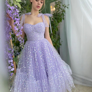 Light Purple A-Line Bridesmaid Dress Sweetheart Neckline Mesh Tulle Gown Natural Waistline Candy Color Style - Product Image 2