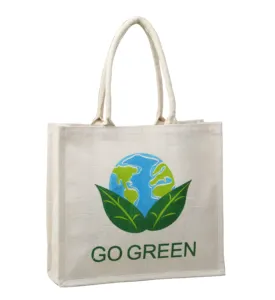 Bolsa de compras de arpillera de yute teñida impresa ecológica y personalizada con asa acolchada de algodón y logotipo Go Green