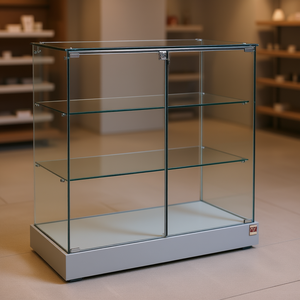 Vitrine en verre Htz 75x46x90 cm avec 2 étagères et portes verrouillables, base gris clair - Product Image 3