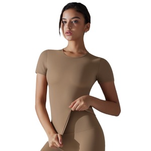 Women's High Quality Soft Crop <b>Top</b> T Shirt <b>80</b>% Nylon 20% Spandex Long Sleeves Breathable with Logo on Front for Daily Wear - Product Image 2