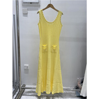 Robe longue en tricot sans manches pour femme avec perles et poches - Robe longue décontractée élégante à volants en tricot torsadé pour l'été