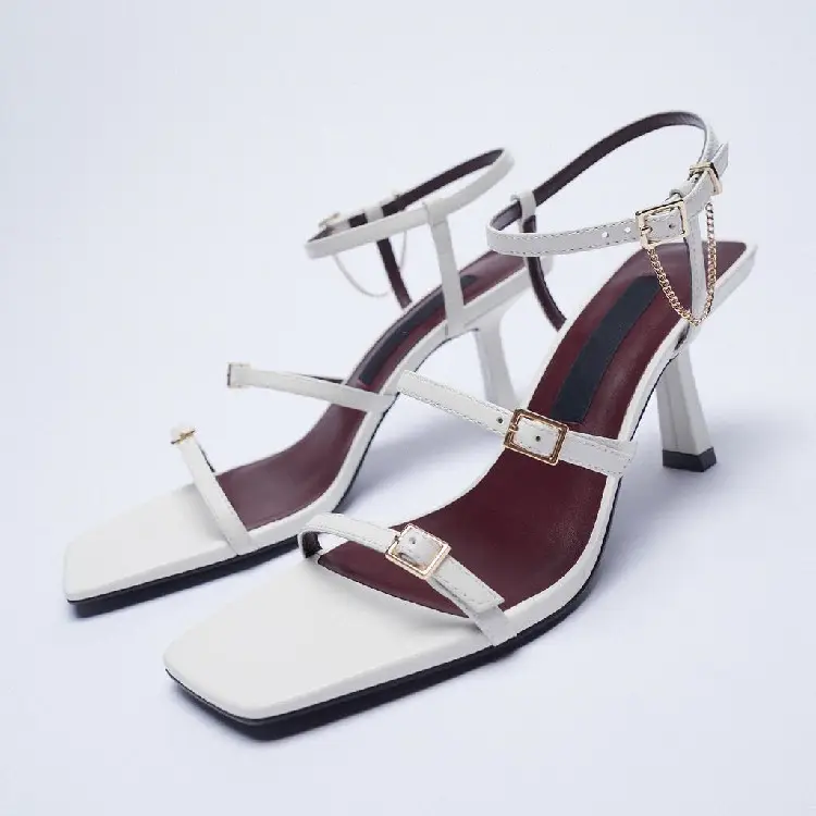 Summer fashion high heel elegant women shoes square open toe buckle detail lady sandals ankle strap female footwear