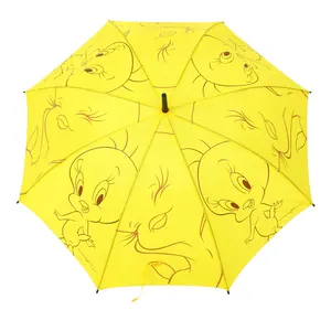 고급 오션 옐로우 J 플라스틱 핸들 스트레이트 스틱 우산 맞춤형 자동 우산 인쇄