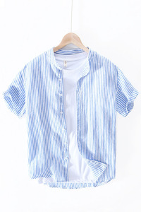 Vendita calda Della Banda degli uomini di <span class=keywords><strong>Lino</strong></span> Camicia Casual di Alta Qualità A Buon Mercato Confortevole E Traspirante Camicia A Maniche Corte <span class=keywords><strong>Slim</strong></span> <span class=keywords><strong>Fit</strong></span> Camicia di Vestito - Product Image 3