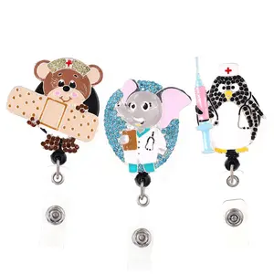 Alla moda popolare strass smalto medico carino pinguino elefante orso stetoscopio retrattile ID animale distintivo titolare